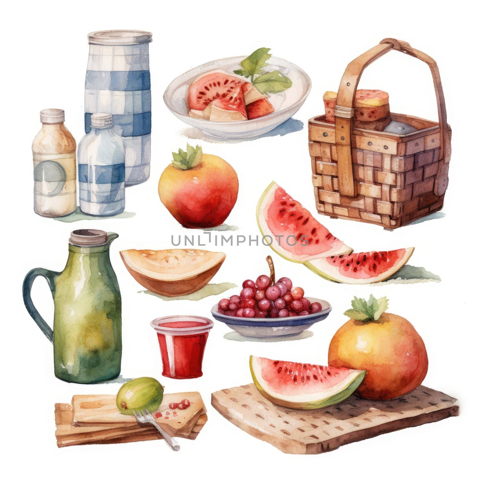 Picnic watercolor set isolated on white background. Generative AI