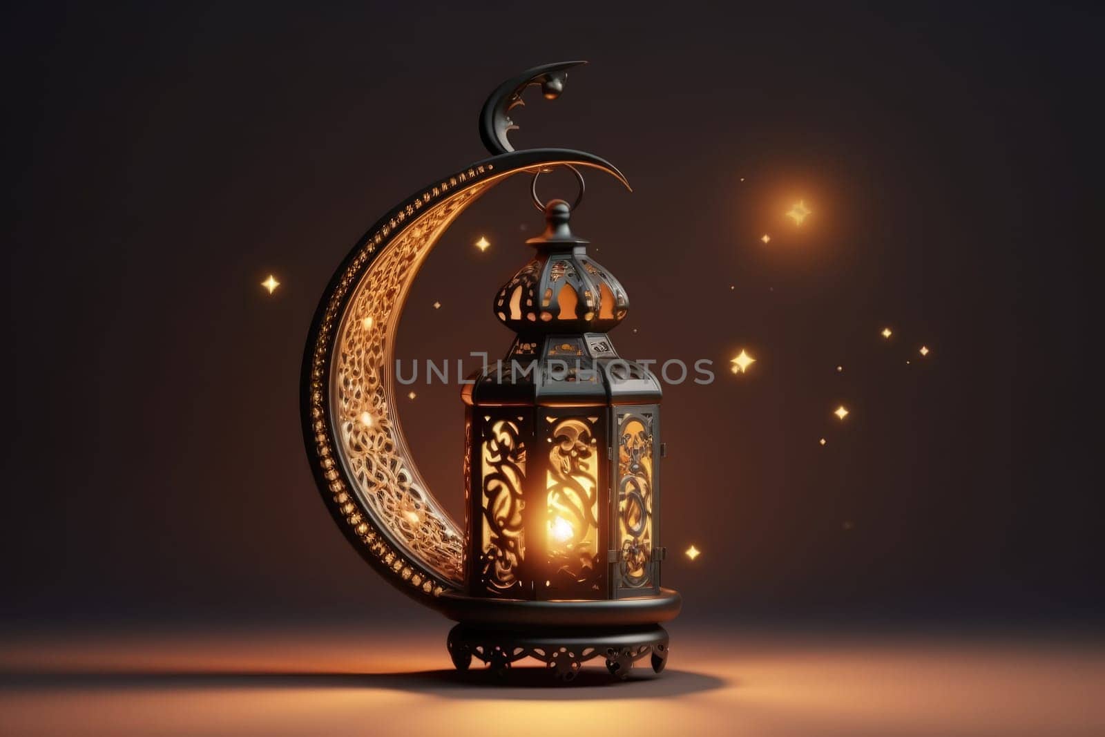 Ornamental Arabic lantern with burning candle glowing at night. Muslim holy month Ramadan Kareem. Generative AI