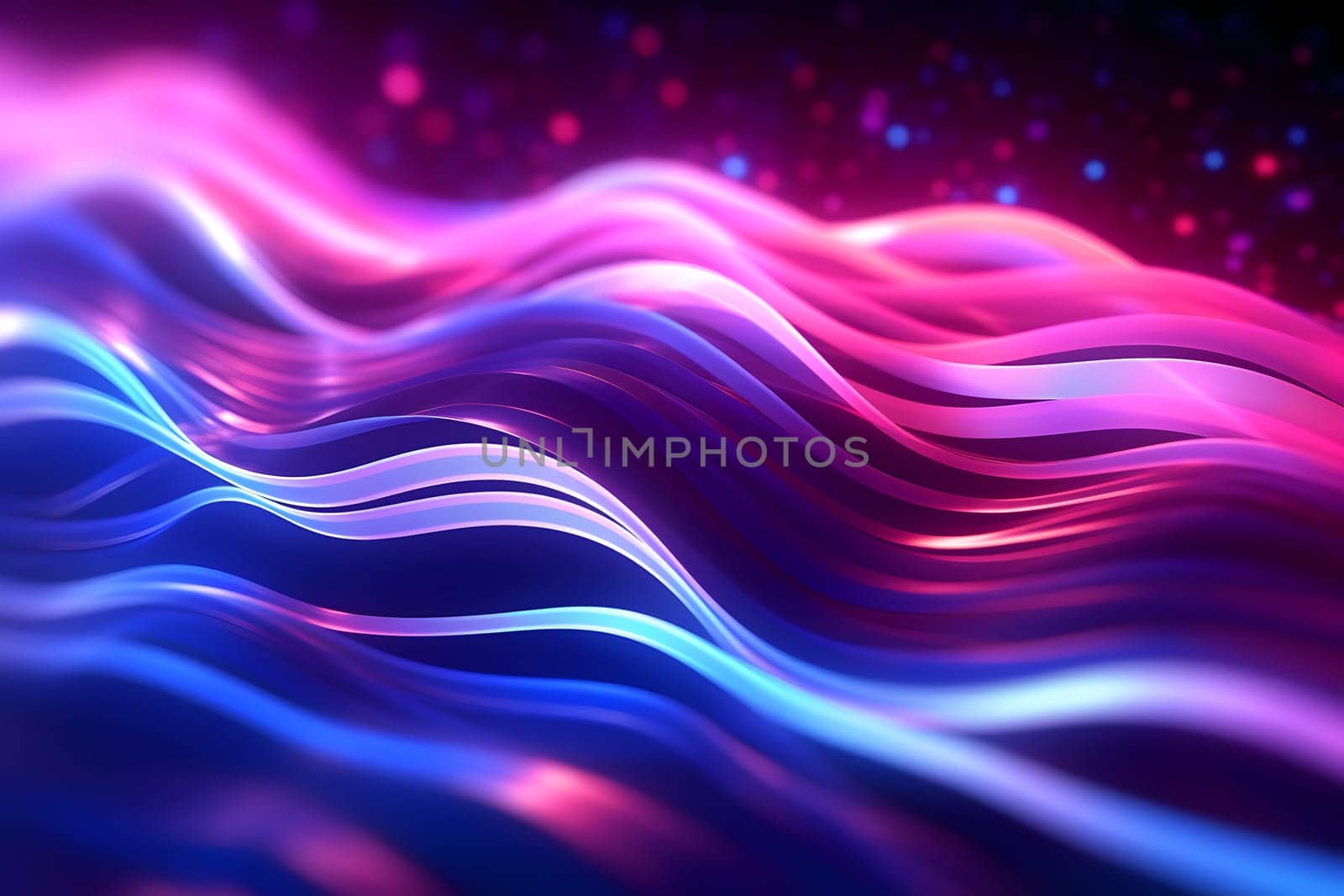 Abstract futuristic background with pink blue glowing neon moving wave lines and bokeh lights. Generative AI