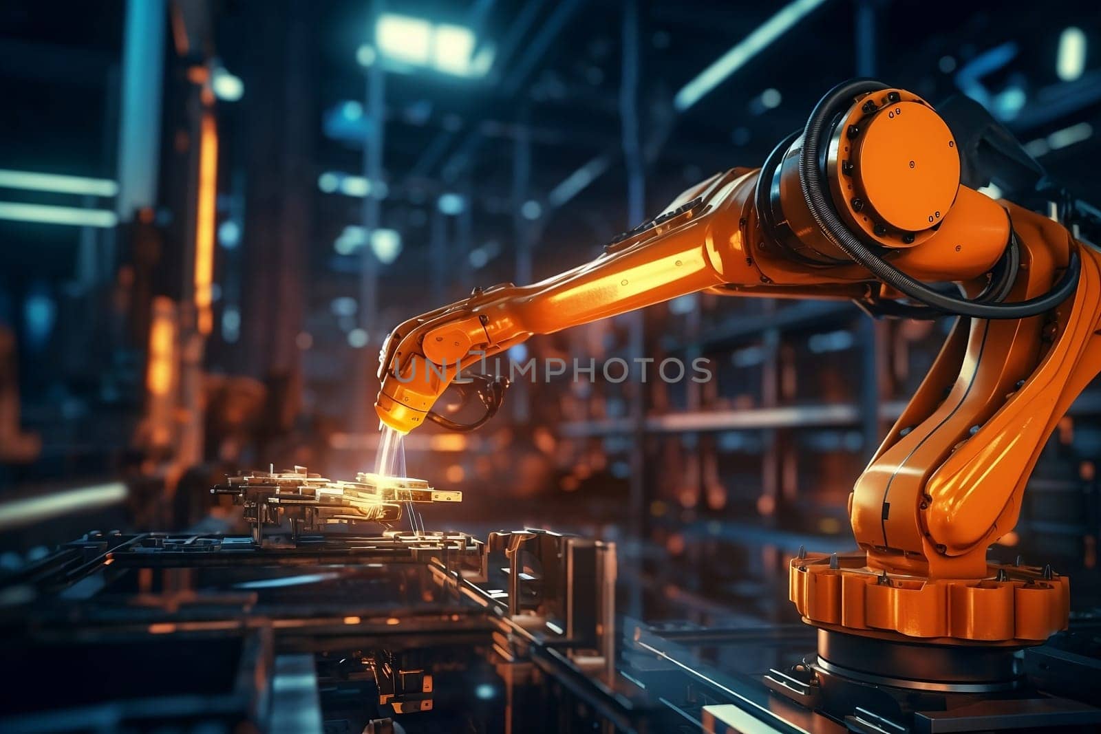 Robotic arm for electronic assembly line. Smart modern factory automation using advanced machines. Generative AI