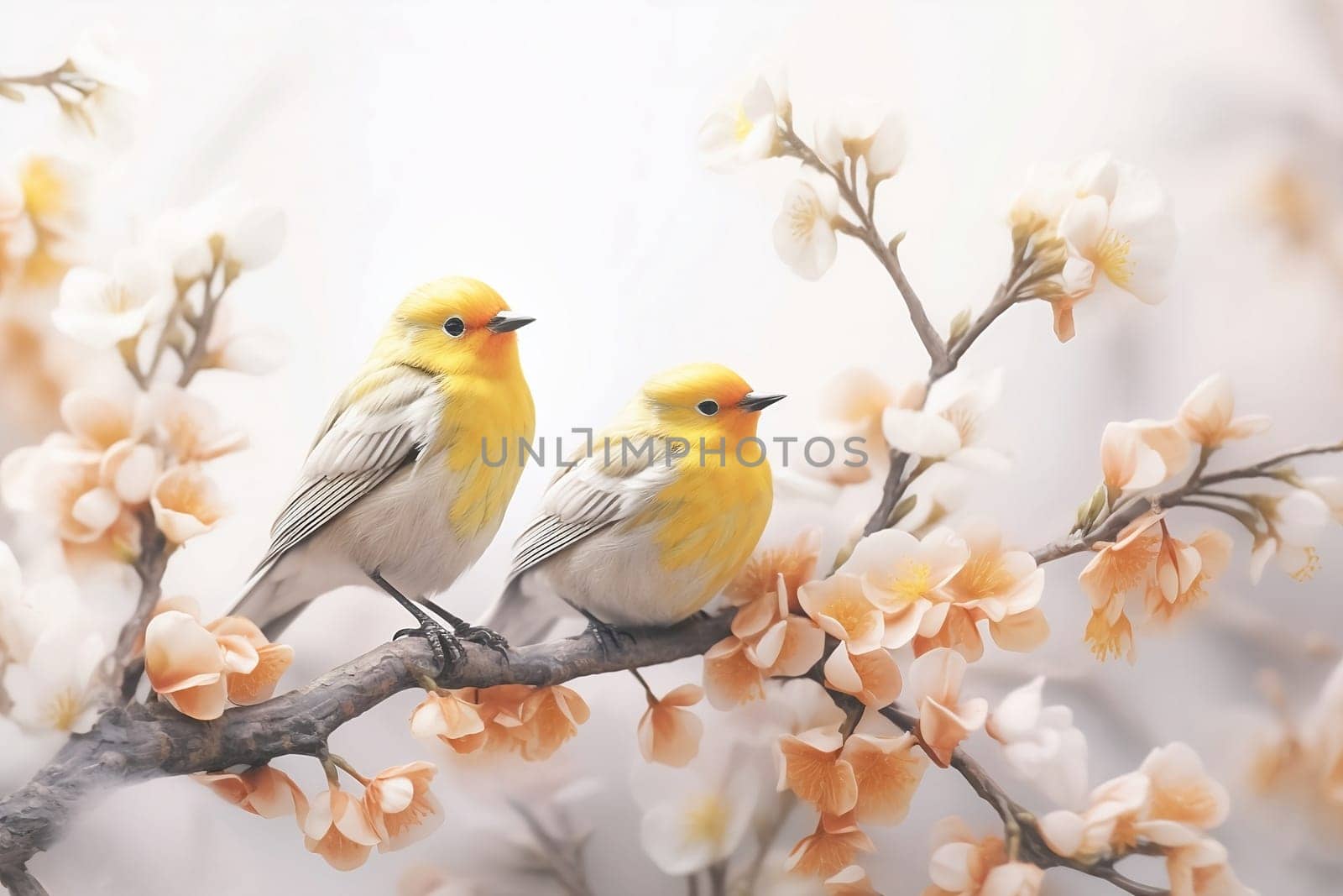 Pair of yellow birds in spring nature. Pastel color style in pink tones - Generative AI