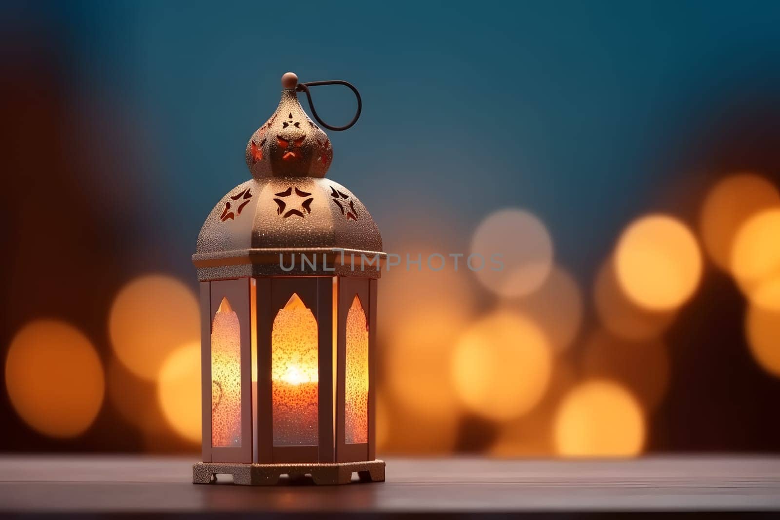 Ornamental Arabic lantern with burning candle glowing at night. Muslim holy month Ramadan Kareem. Generative AI