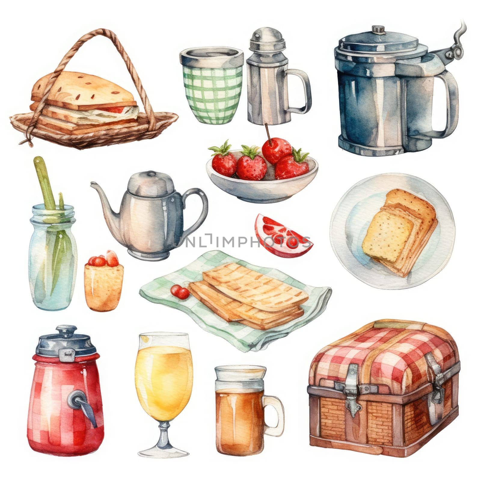 Picnic watercolor set isolated on white background. Generative AI