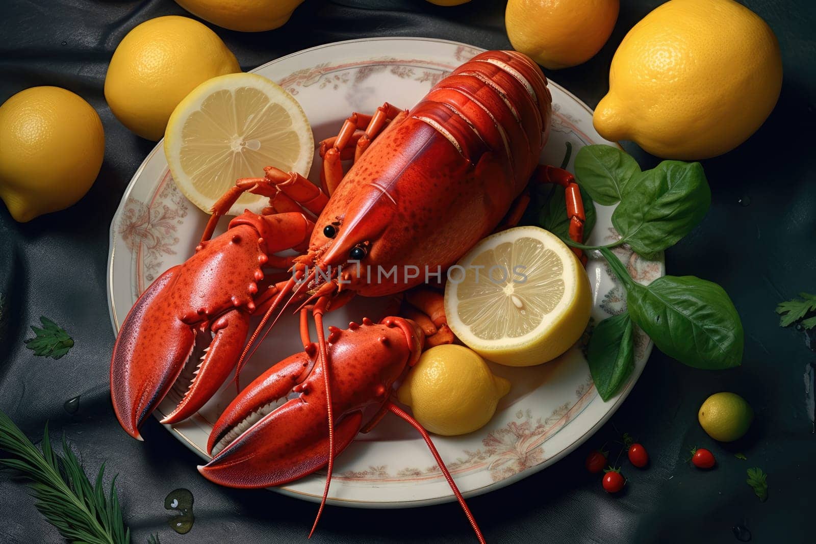 Delicious freshly boiled lobster on a plate with a lemon