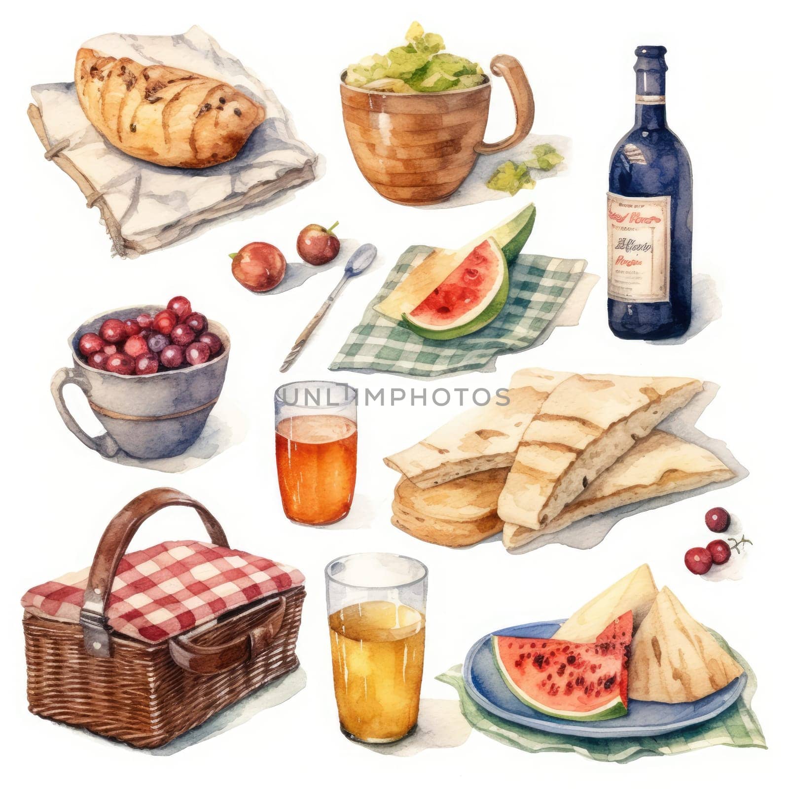 Picnic watercolor set isolated on white background. Digital art