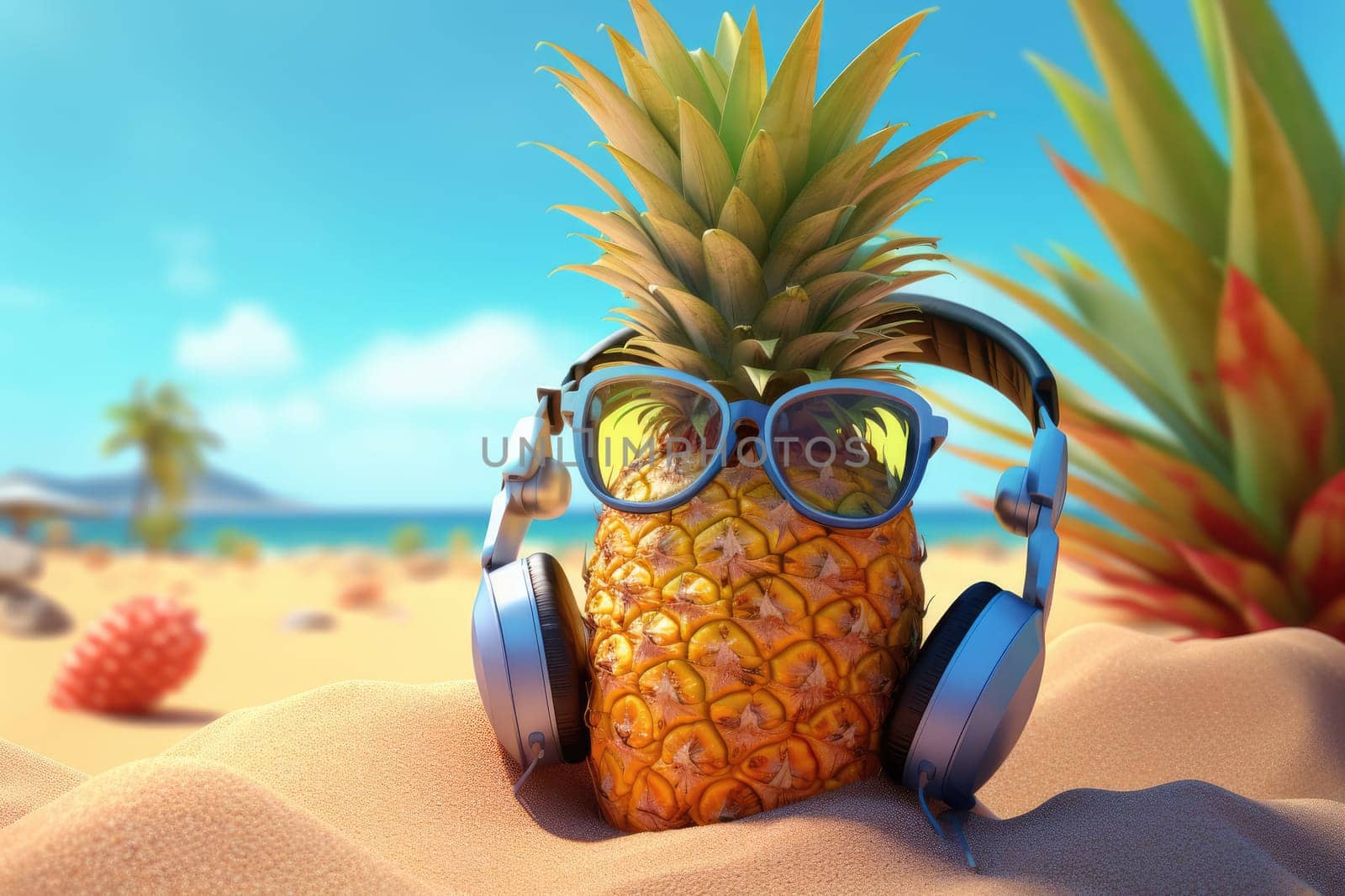 Pineapple with sunglasses and headphones at tropical beach