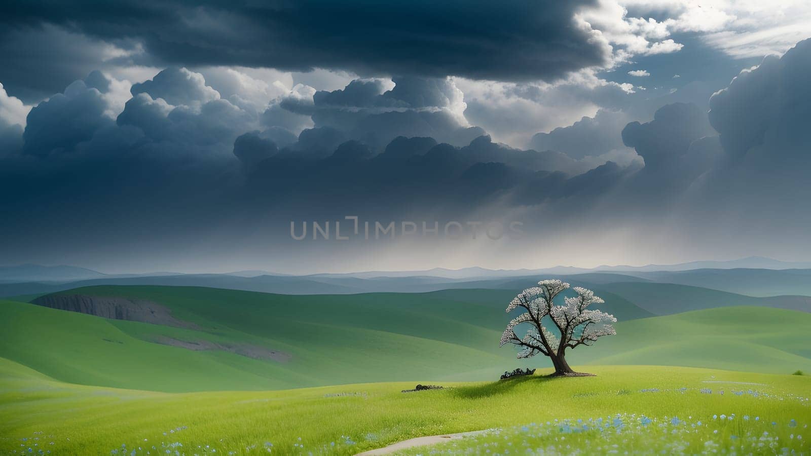The Green field with a big tree - ai generated