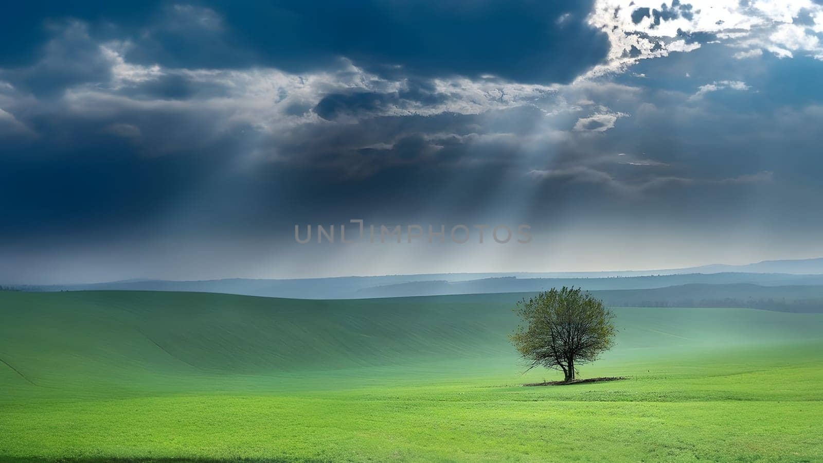 The Green field with a big tree - ai generated