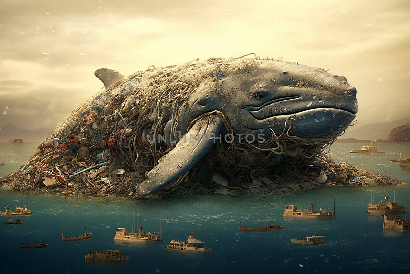 Pollution of the ocean, whale covered with waste, filthy water, damage of the environment, disaster for maritime wildlife, generative AI