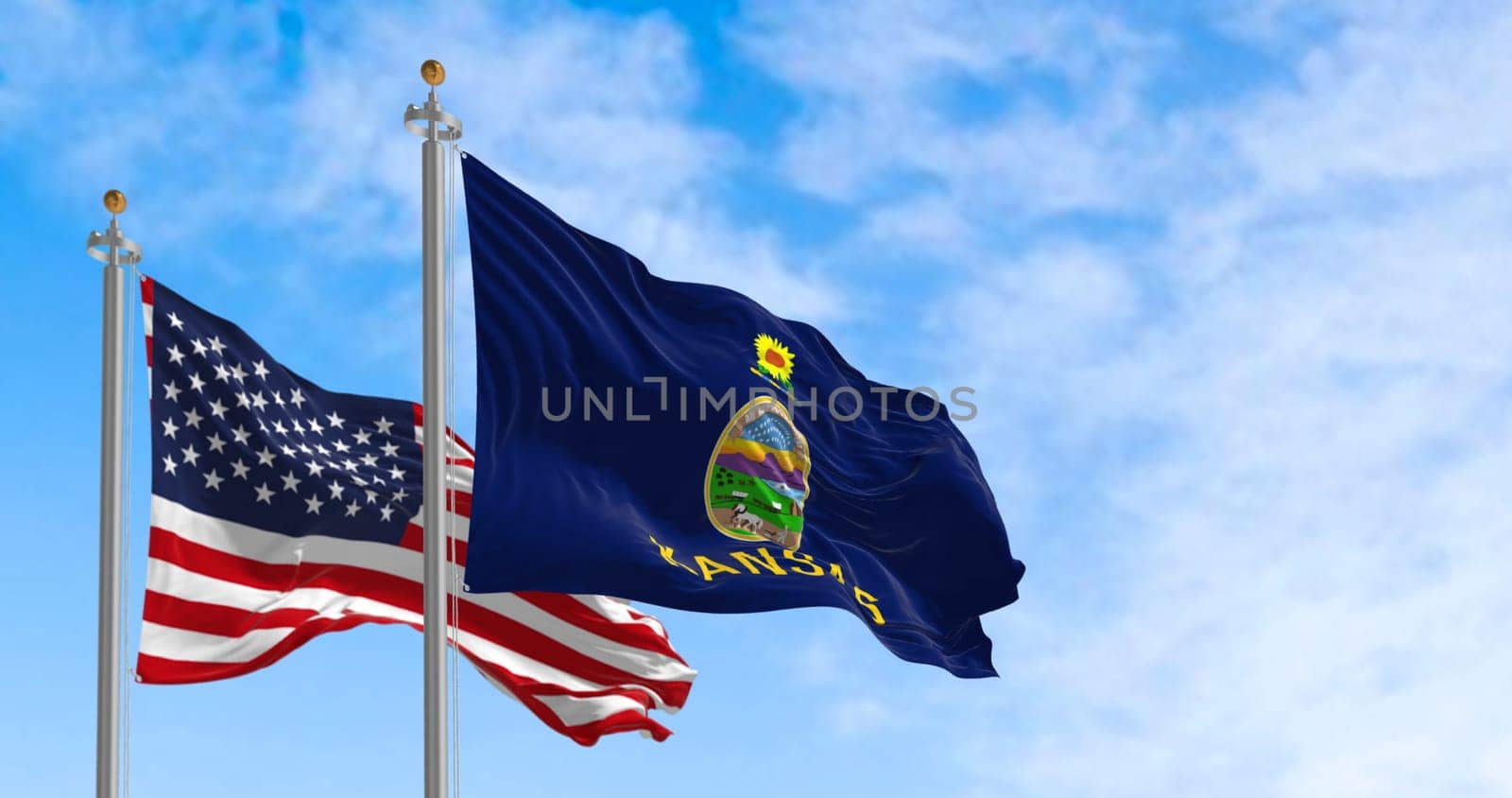 Kansas state flag waving with the national flag of the United States on a clear day. 3d illustration render. Fluttering fabric