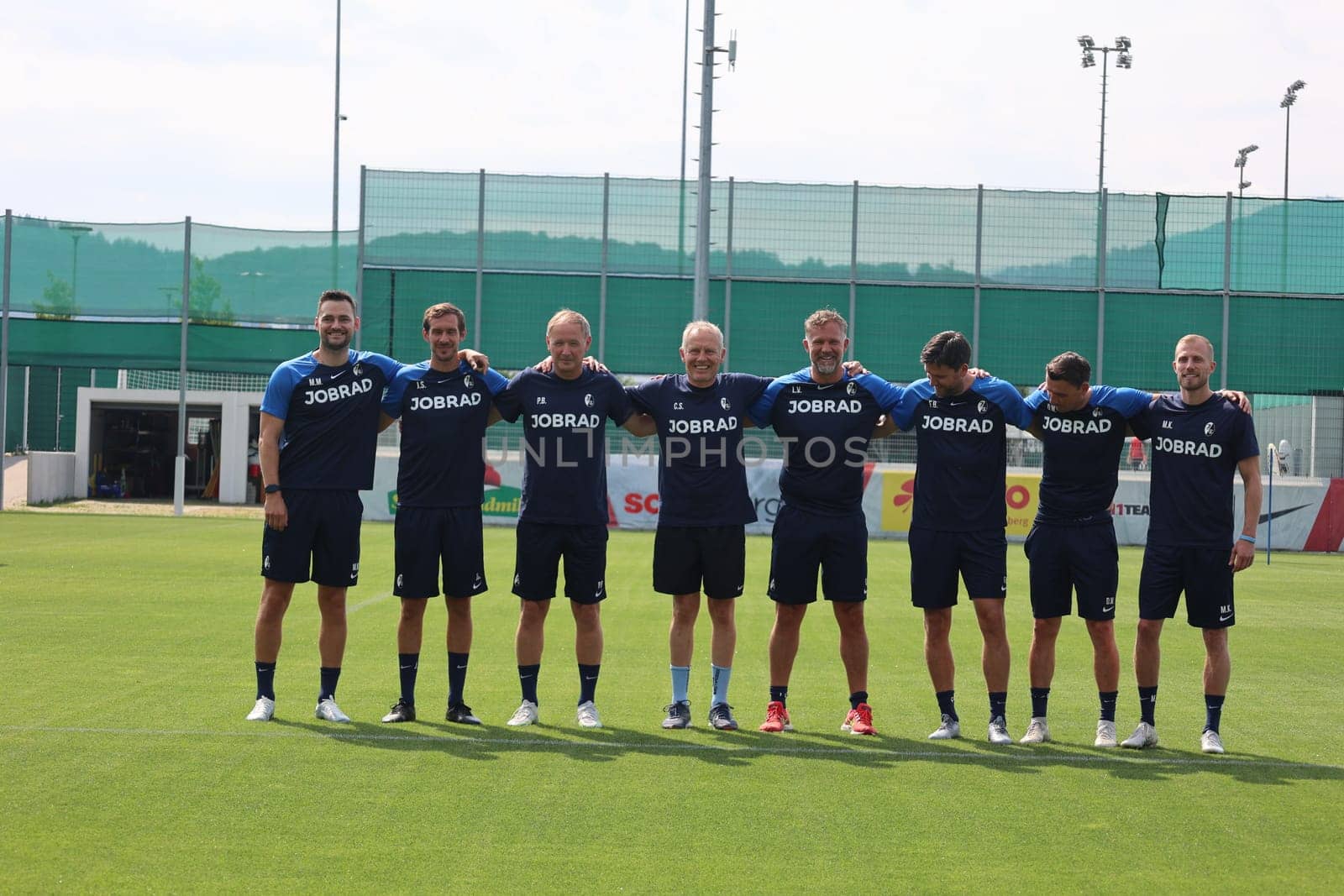 The coaching team of SC Freiburg,in the middle of the picture coach Christian Streich (SC Freiburg) at the start of training Bundesliga club SC Freiburg 2023  DFL REGULATIONS PROHIBIT ANY USE OF PHOTOGRAPHS AS IMAGE SEQUENCES AND/OR QUASI-VIDEONann  Photo: Joachim Hahne/johapress