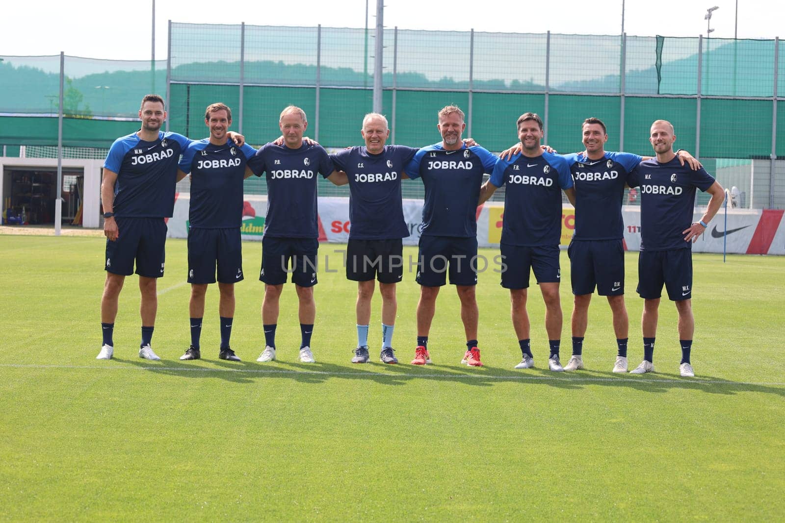 The coaching team of SC Freiburg,in the middle of the picture coach Christian Streich (SC Freiburg) at the start of training Bundesliga club SC Freiburg 2023  DFL REGULATIONS PROHIBIT ANY USE OF PHOTOGRAPHS AS IMAGE SEQUENCES AND/OR QUASI-VIDEONann  Photo: Joachim Hahne/johapress