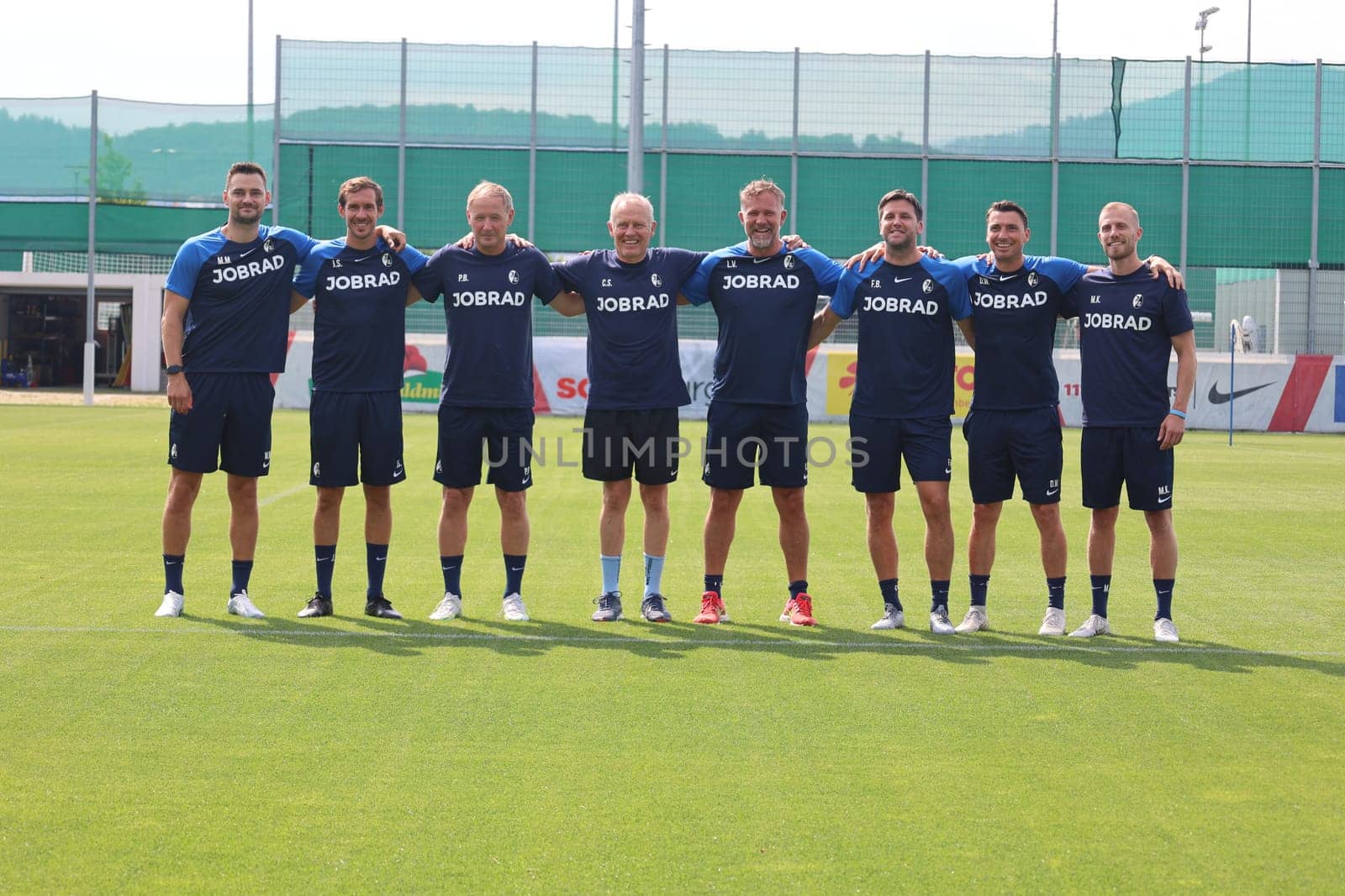 The coaching team of SC Freiburg,in the middle of the picture coach Christian Streich (SC Freiburg) at the start of training Bundesliga club SC Freiburg 2023  DFL REGULATIONS PROHIBIT ANY USE OF PHOTOGRAPHS AS IMAGE SEQUENCES AND/OR QUASI-VIDEONann  Photo: Joachim Hahne/johapress