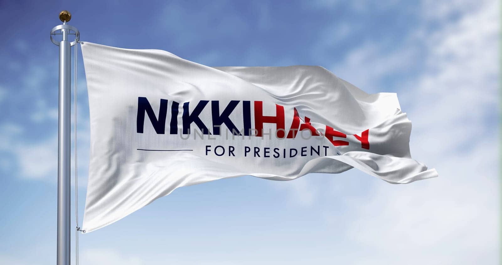 Washington D.C., US, June 15 2023: Nikki Haley 2024 presidential election campaign flag waving in the wind on a clear day. Illustrative editorial 3d illustration render