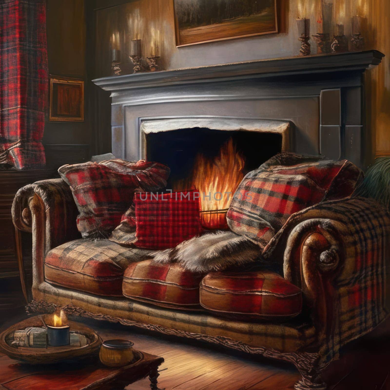 Fireplace and sofa. Image created by AI