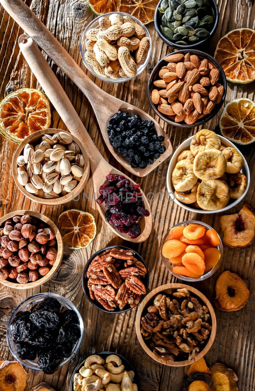 Composition with a variety of dried fruits and assorted nuts. Delicacies.