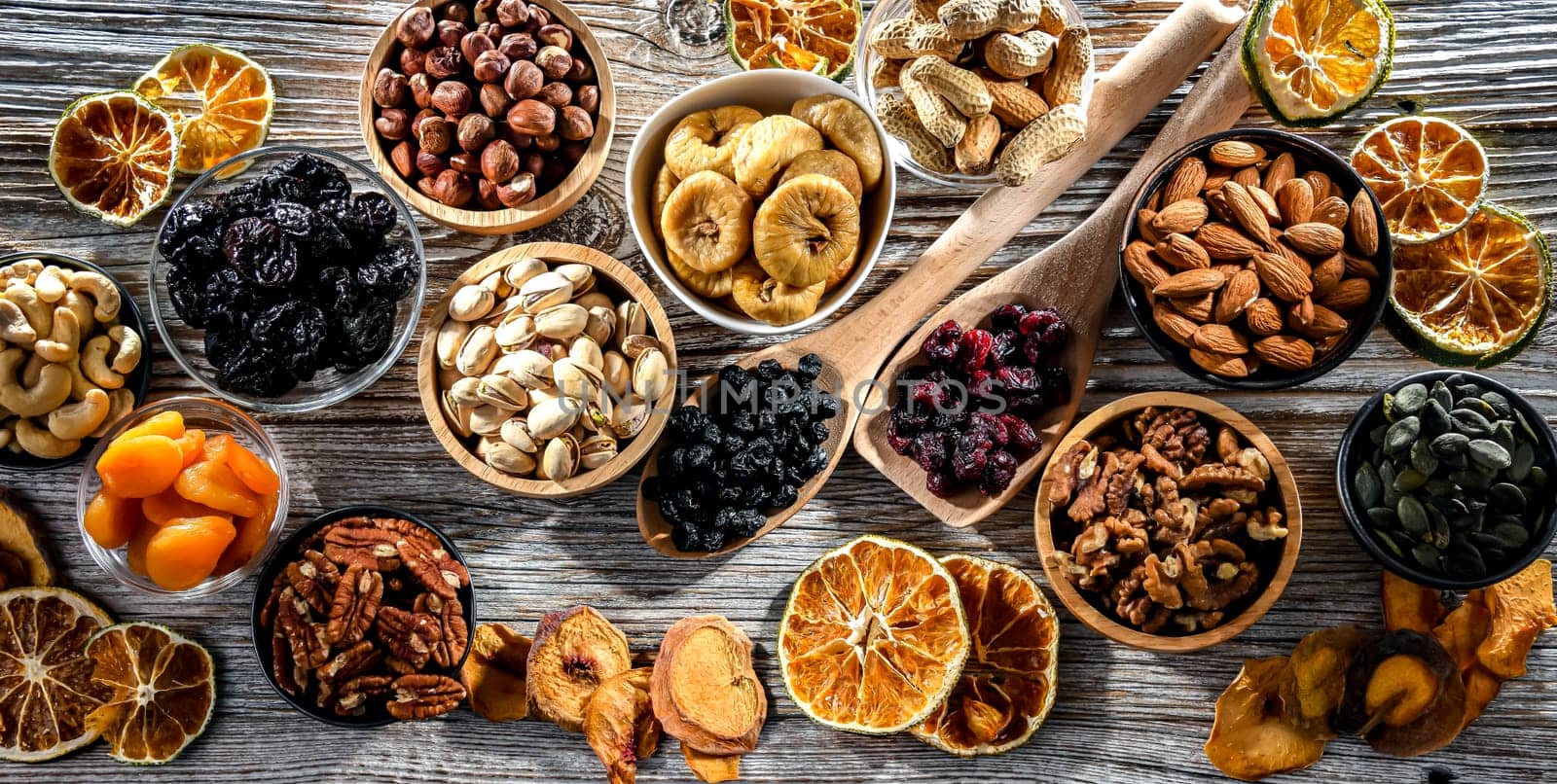 Composition with a variety of dried fruits and assorted nuts. Delicacies.