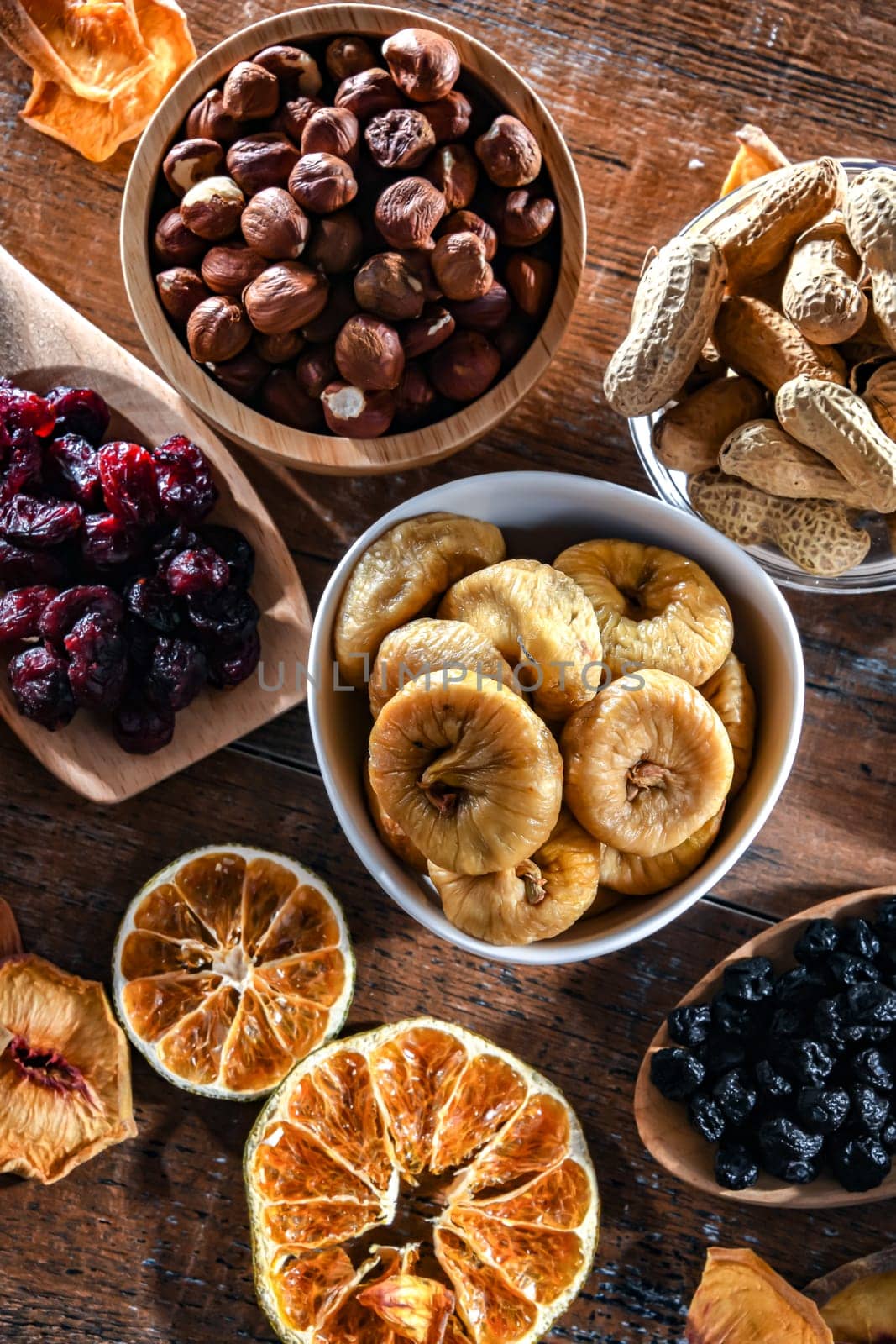 Composition with a variety of dried fruits and assorted nuts. Delicacies.