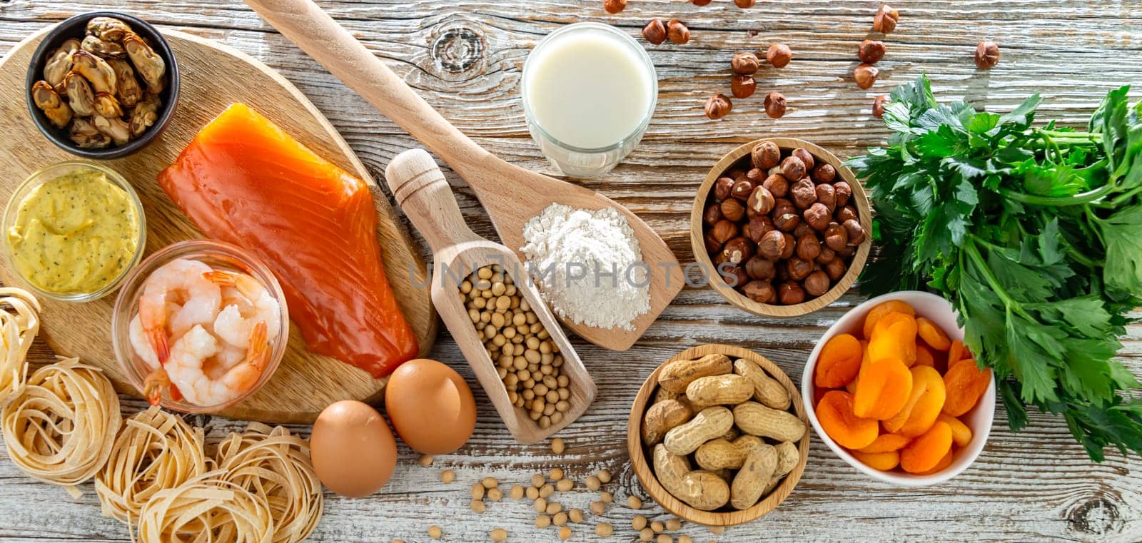 Composition with common food allergens including egg, milk, soya, nuts, fish, seafood, wheat flour, mustard, dried apricots and celery