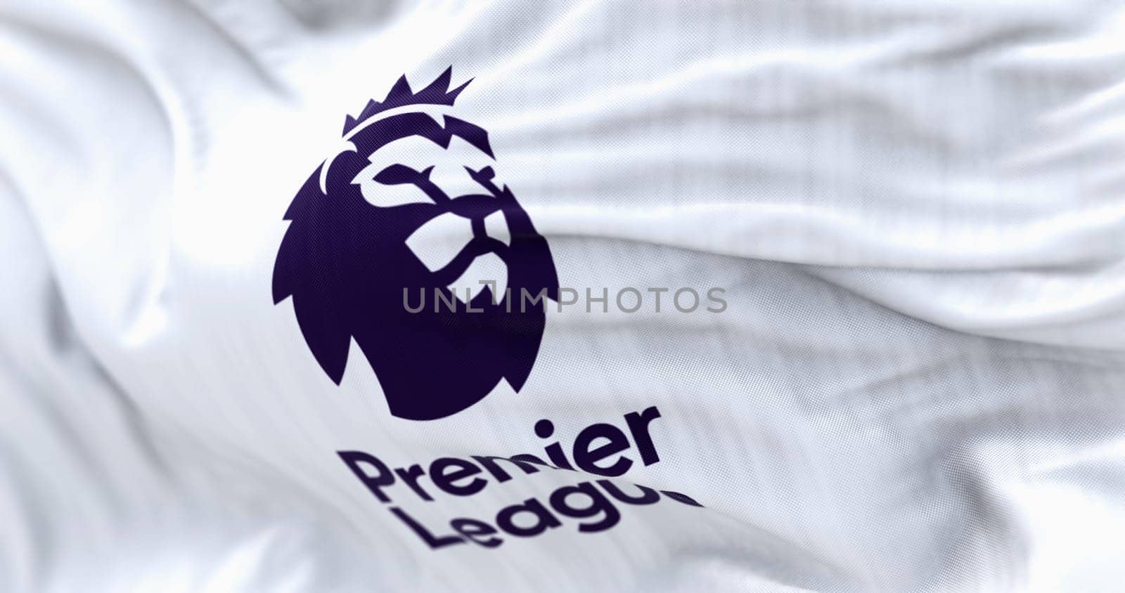 London, UK, april 22 2023: Three Premier League flags waving in the wind. Premier League is the top level of the English football league system. Illustrative editorial 3d illustration render