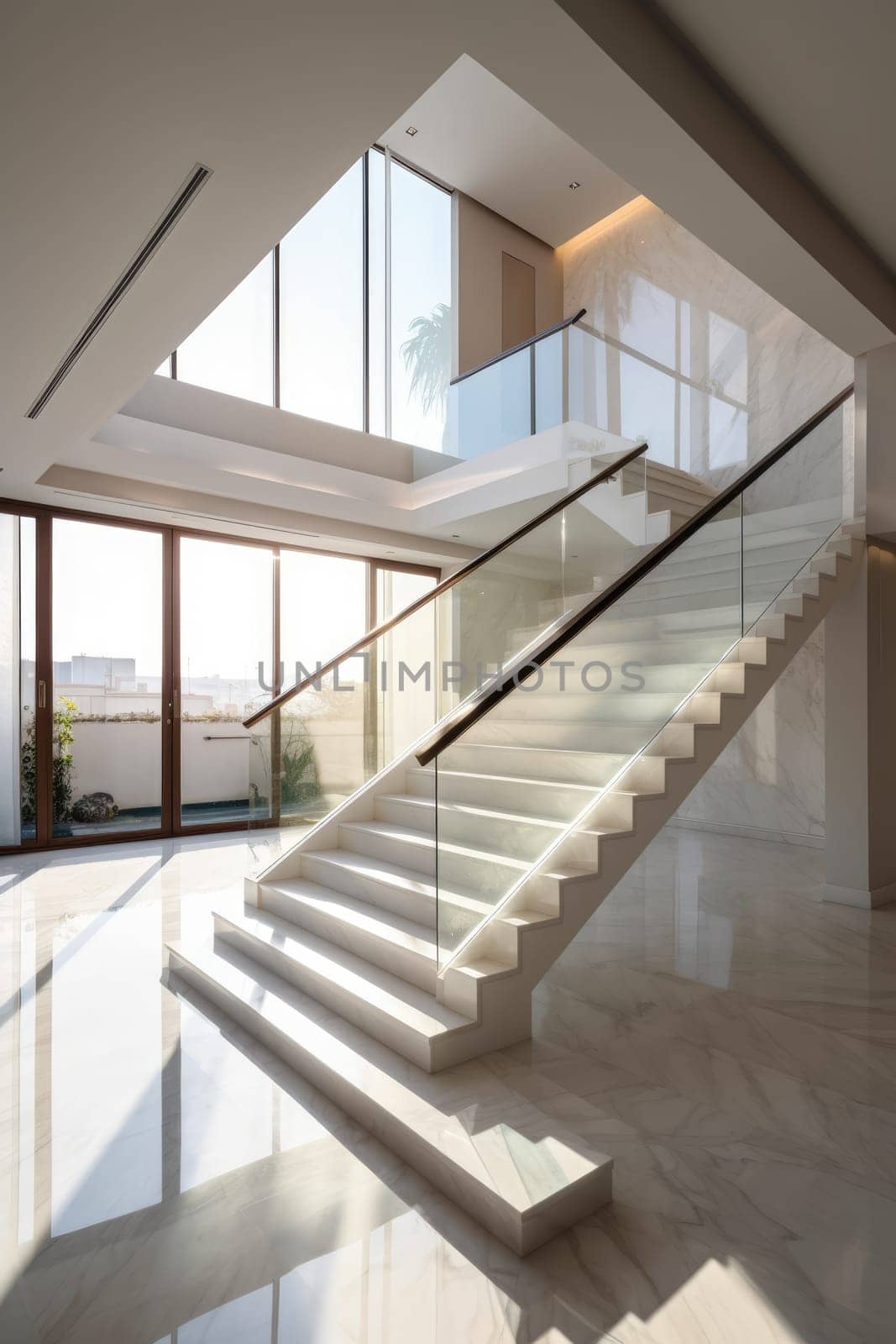 Luxury white marble L shape stairway with glass. Interior background. Generative AI