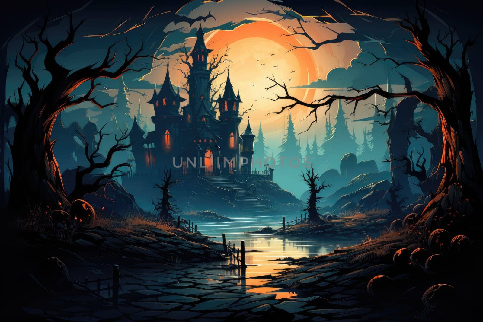 Halloween haunted house. Spooky illustration. Generative AI