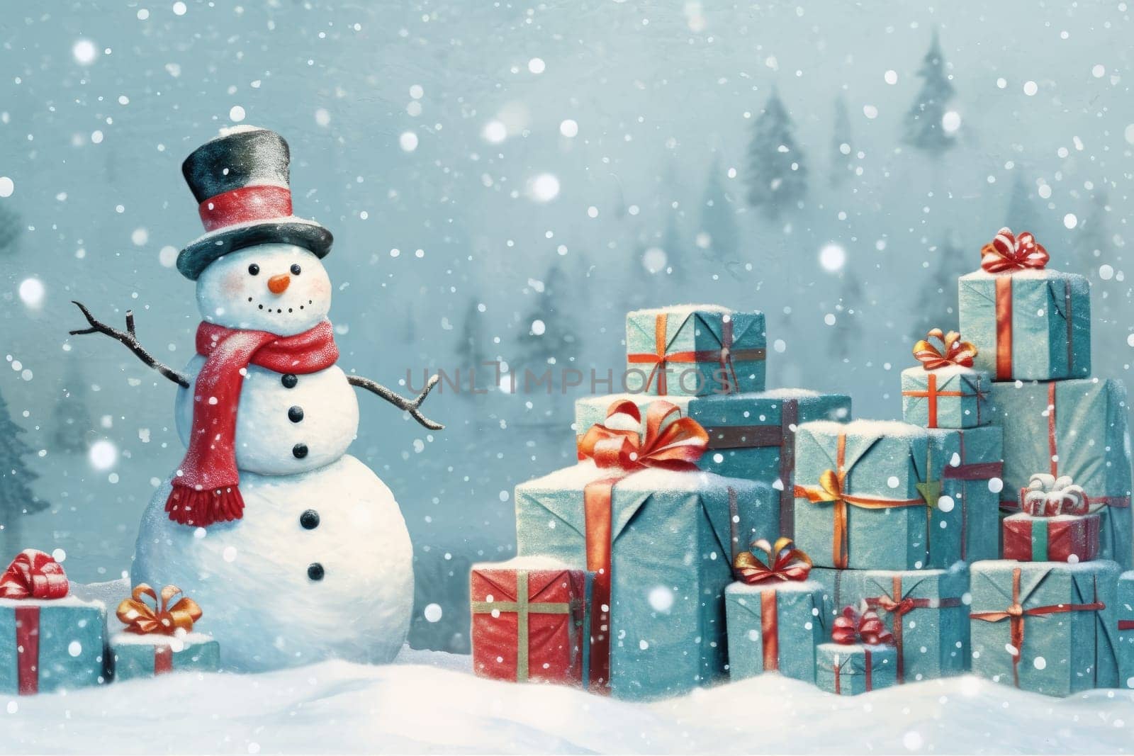 Christmas gift boxes on snow with snowman. Generative AI