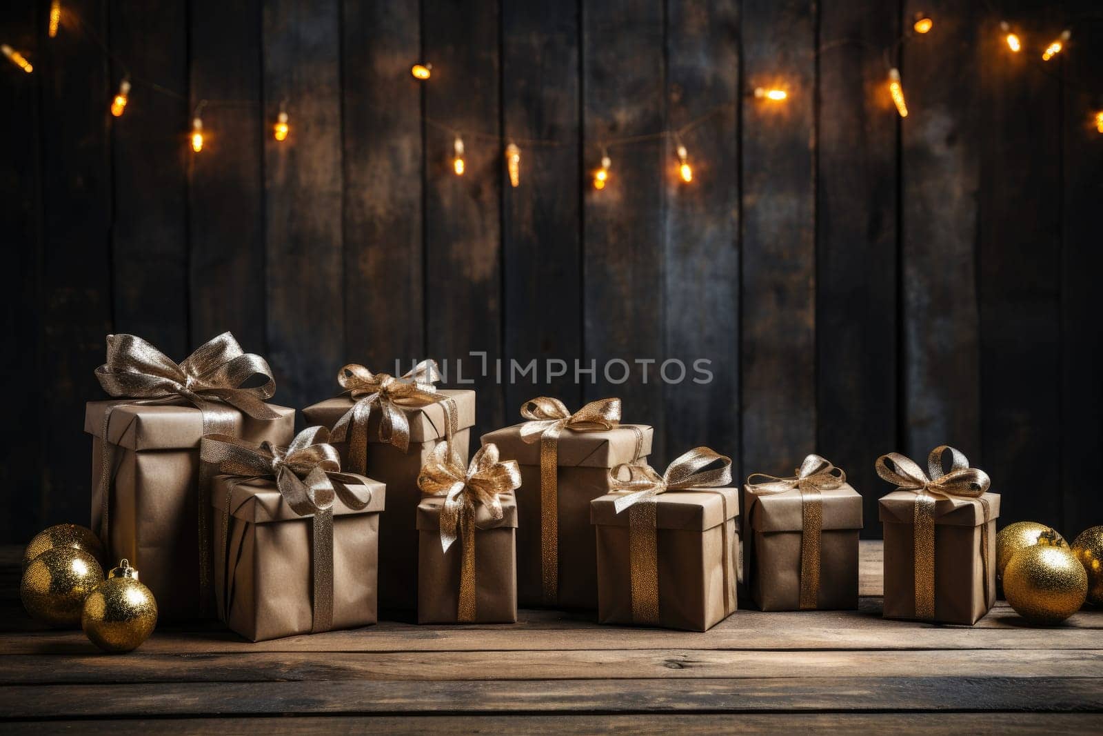 Wrapped christmas gifts on a decorated background. Generative AI