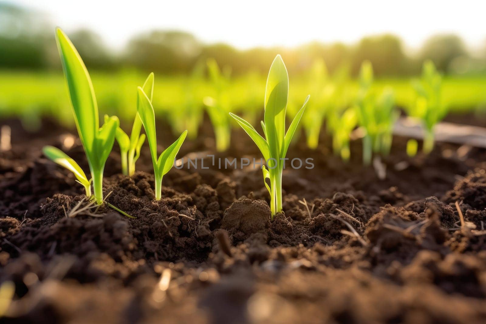 Springtime corn field with fresh, green sprouts. Agricultural landscape with soil based corn sprouts. Generative AI
