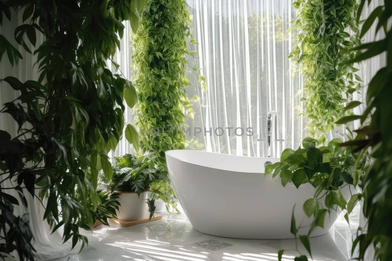 Luxury ceramic bathtub by the window and green tropical plants. Modern interior. Generative AI