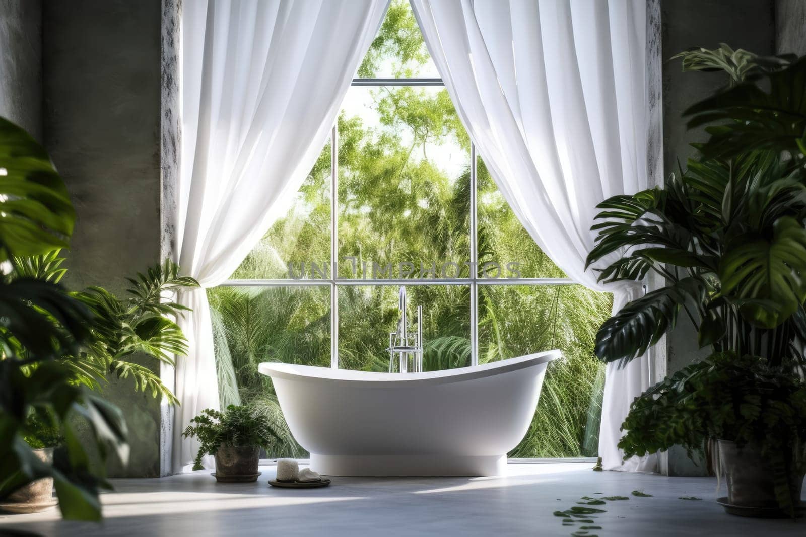 Luxury ceramic bathtub by the window and green tropical plants. Modern interior. Generative AI