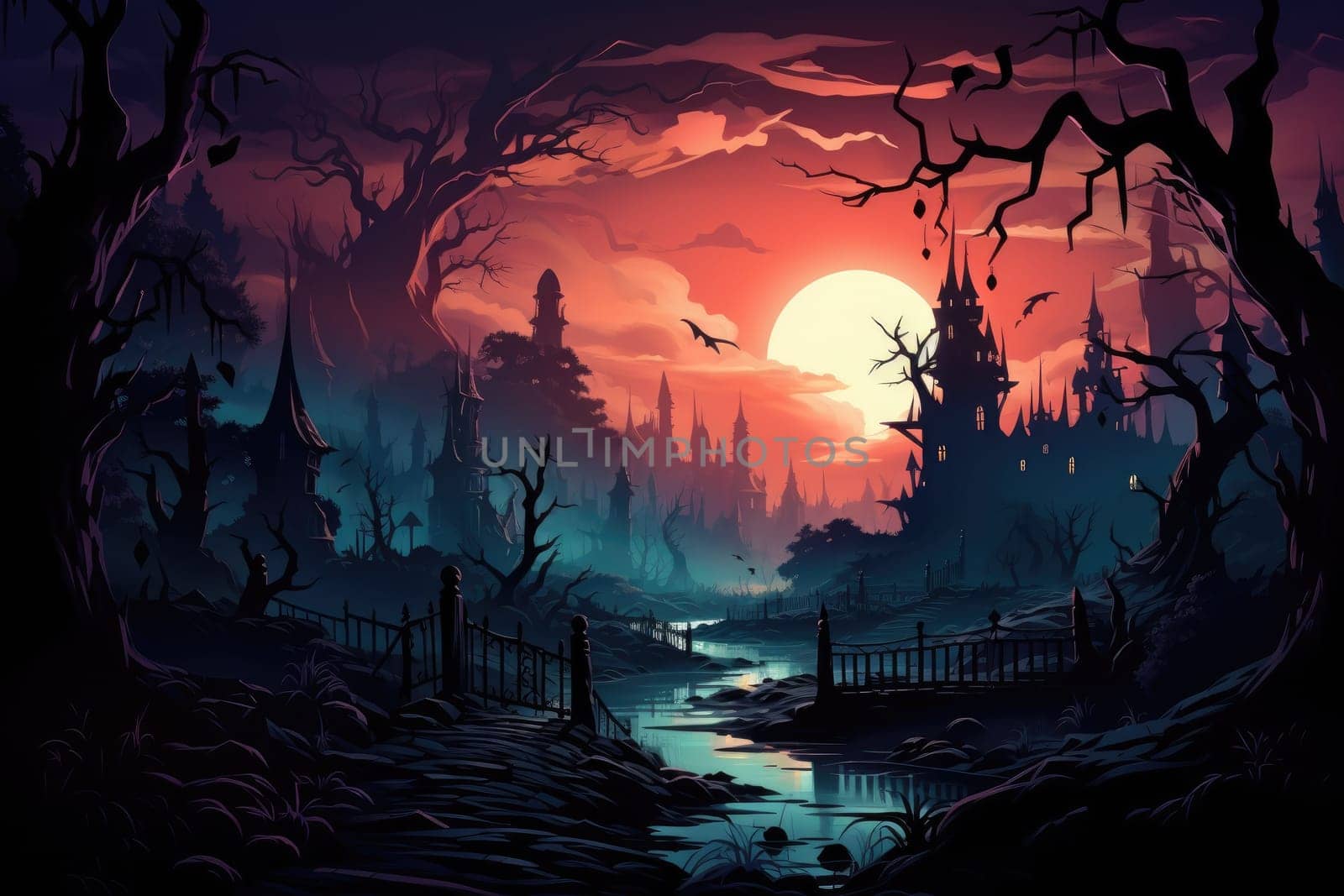 Halloween haunted house. Spooky illustration. Generative AI