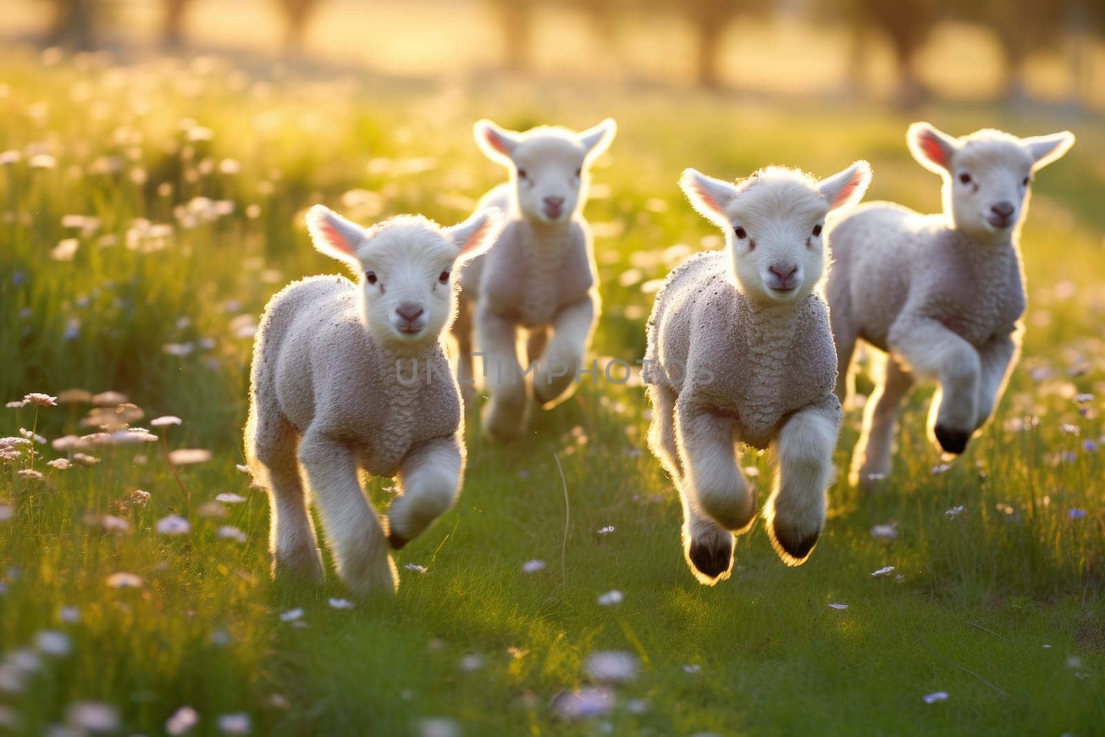 Happy lambs running in the meadow. Generative AI