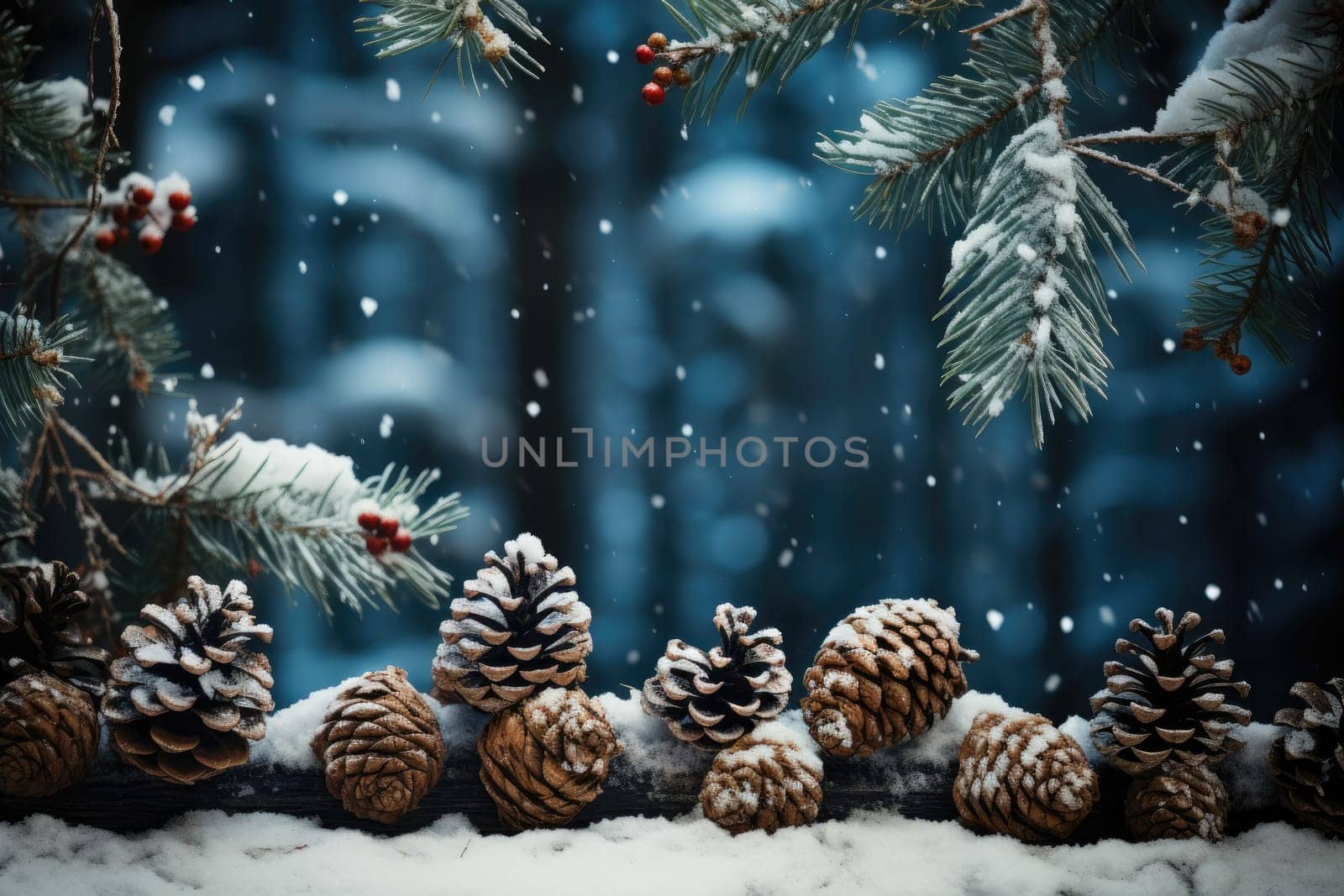 Christmas decoration with pine cones. Christmas background with space for text. Generative AI