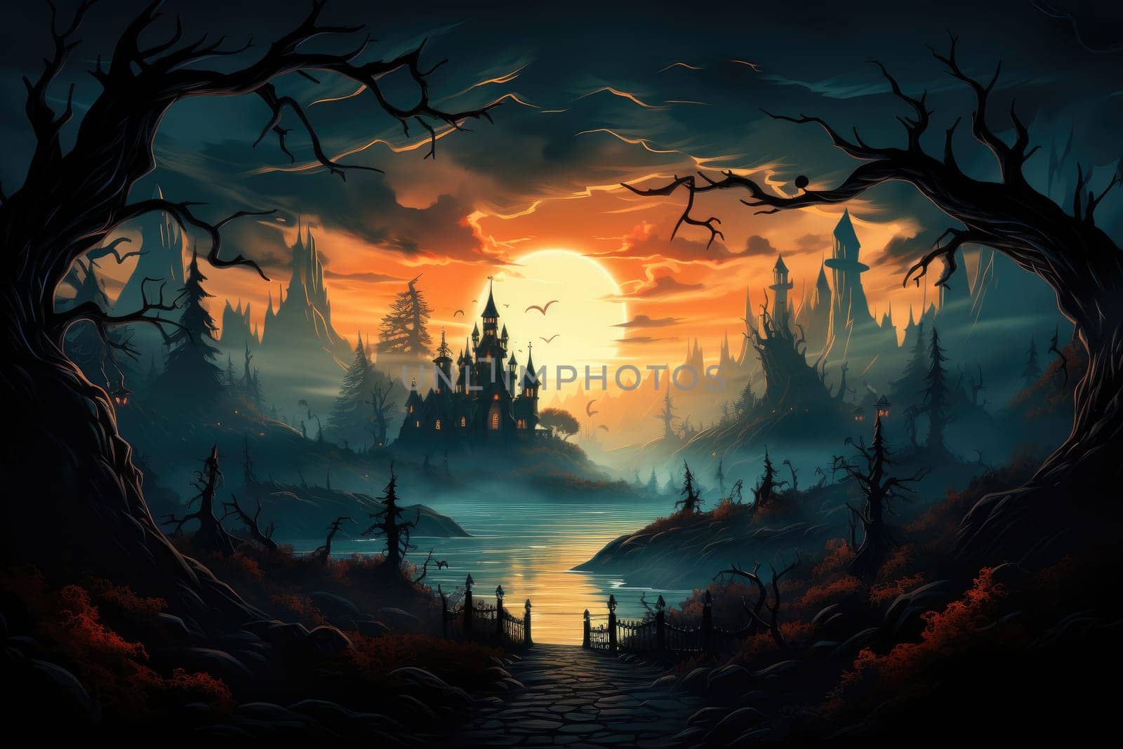 Halloween haunted house. Spooky illustration. Generative AI