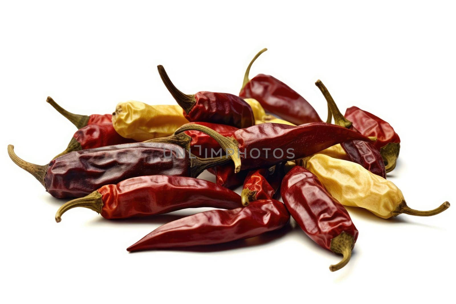 Dried chillies on white background. Generative AI
