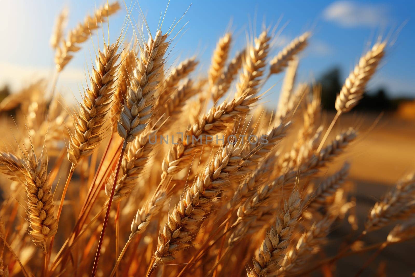 Gold wheat field and blue sky. Generative AI