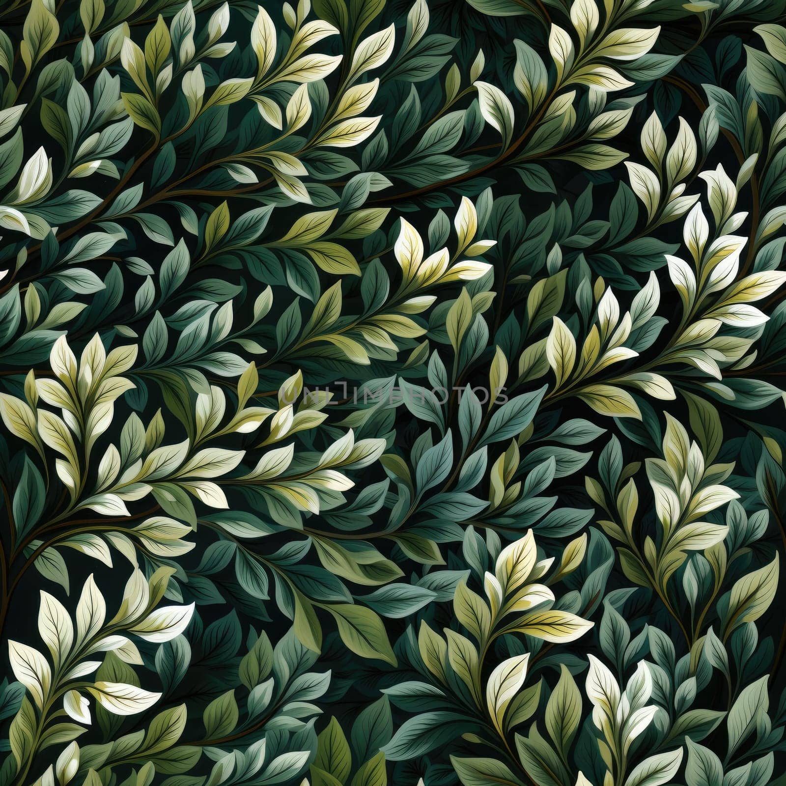 Seamless pattern of branches and leaves on a green background. Generative AI
