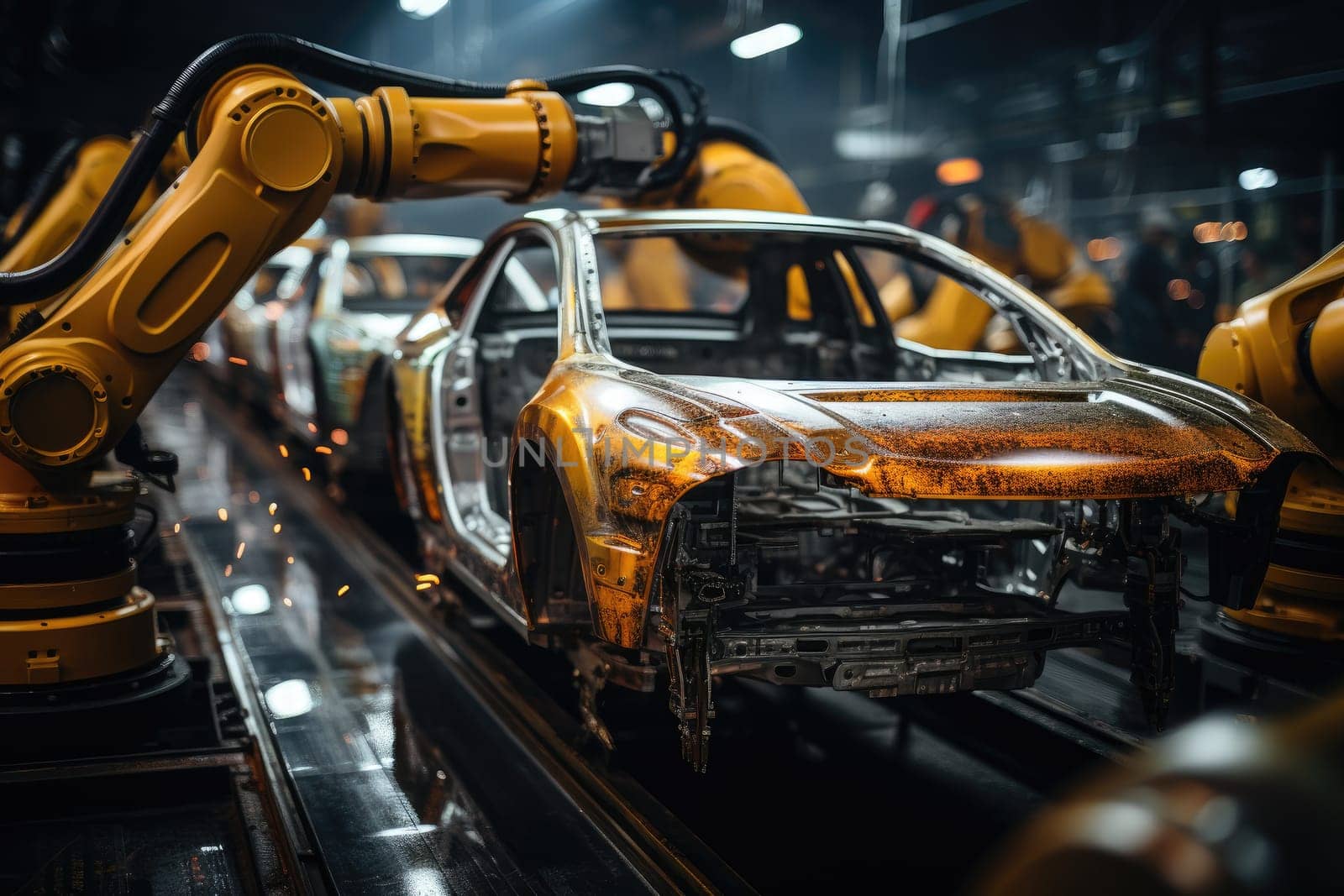 Robotic arm for electronic assembly line. Smart modern factory automation using advanced machines. Generative AI