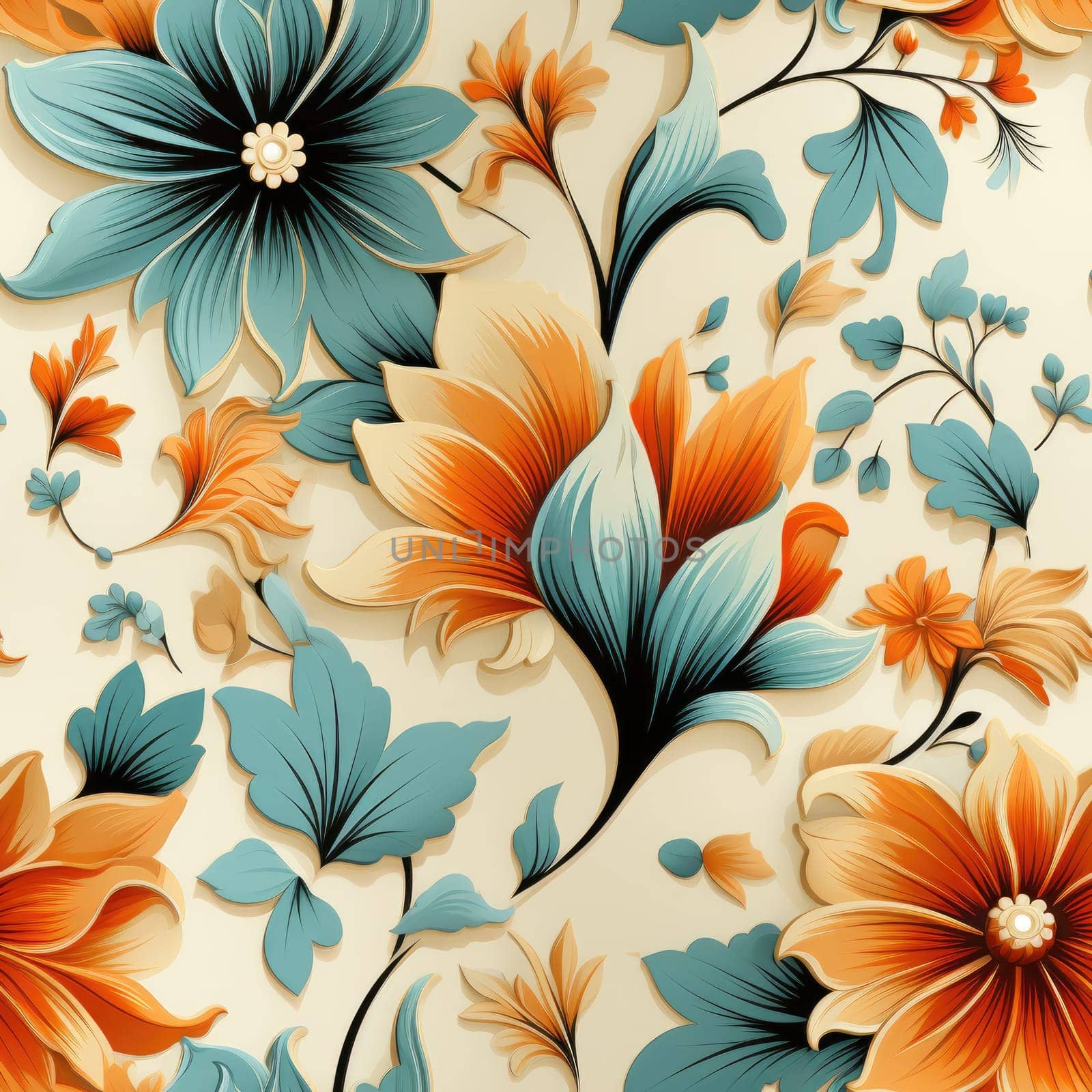 Retro flower seamless pattern wallpaper on the wall. Generative AI