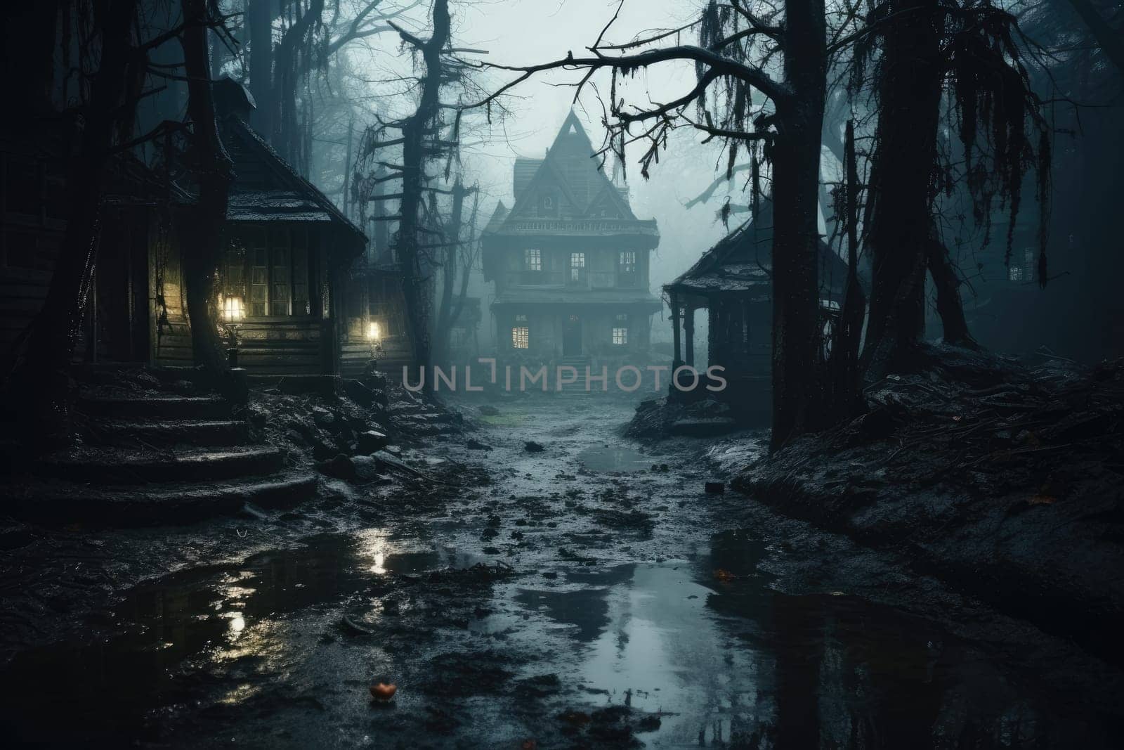 Halloween haunted house. Spooky illustration. Generative AI