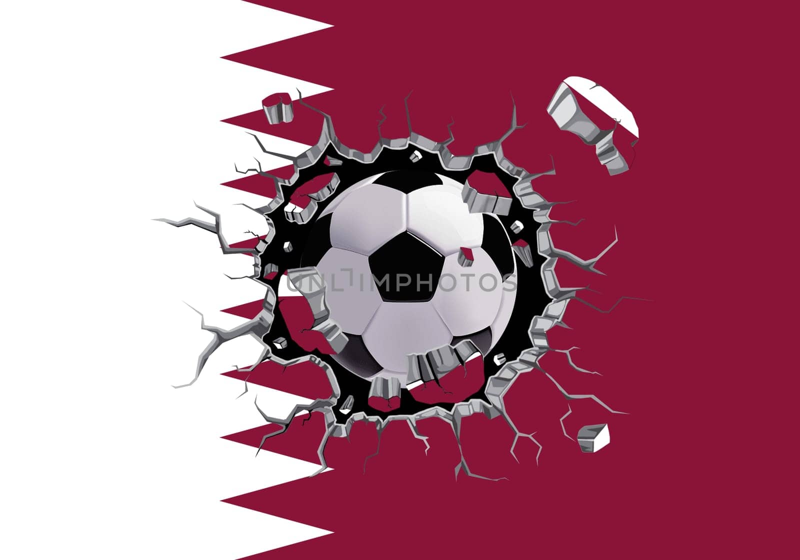 3D football through the wall with Qatar flag pattern attached.