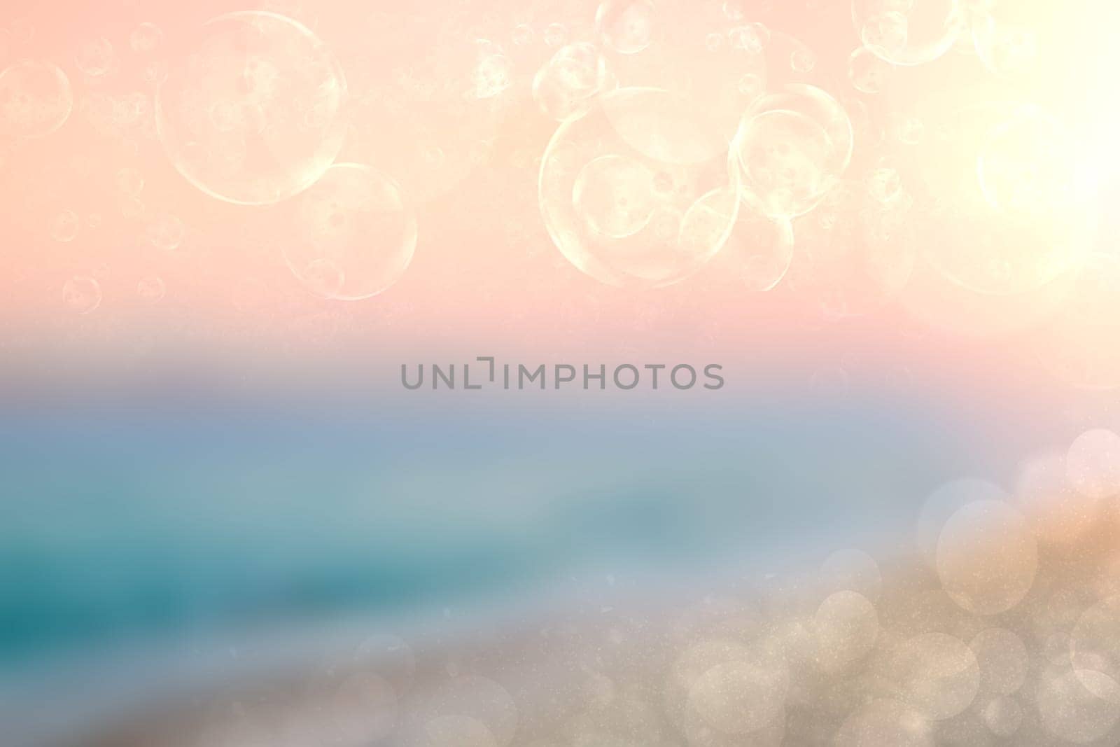 Abstract sea background. Abstract tropical sandy summer beach background with bokeh lights on light blueorange sky and sun. Beautiful texture. Space.