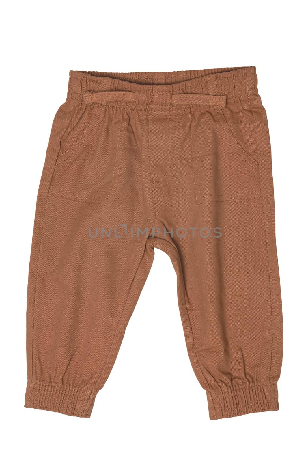 Clothes for newborn. Stylish brown baby pants or sweatpants isolated on white background. Clipping path. Baby clothes. Kids trousers.