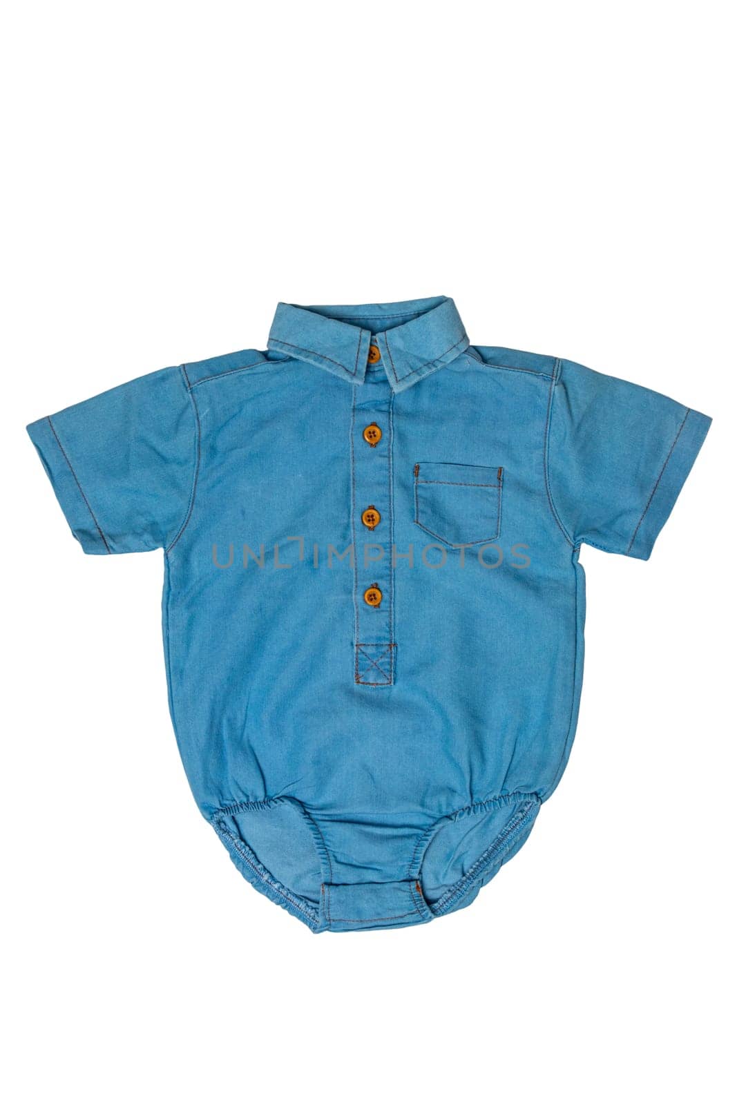 Blue baby bodysuit for boy isolated on a white background. Clipping path. Clothes for newborns. Baby fashion.