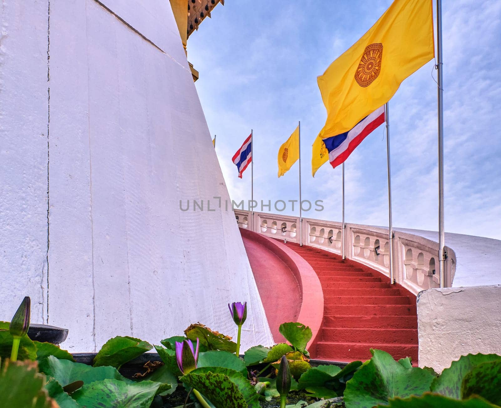 Row of Thai national, buddhism and Thai Royal flags along spiral staircase of red steps and white parapet, waterlilies in blurred foreground, selective focus. Stairway at Golden Mount temple or Wat Saket, Bangkok, Thailand.