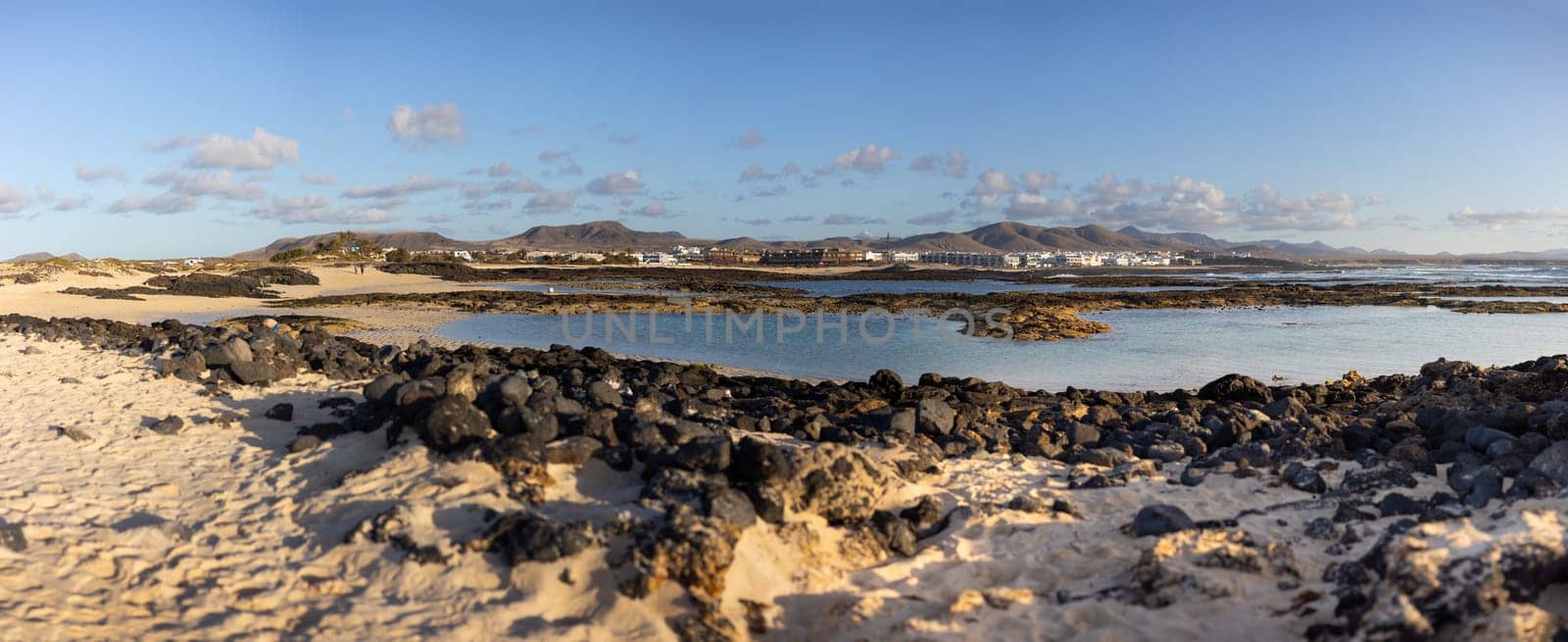 Panoramic view of El Cotillo city in Fuerteventura, Canary Islands, Spain. Scenic colorful traditional villages of Fuerteventura, El Cotillo in northen part of island. Canary islands of Spain.