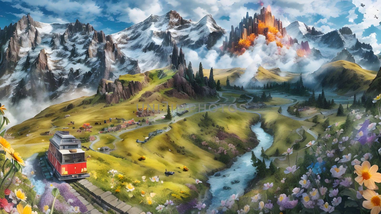 The Electric tourist train and Eiger North face, Bernese Oberland, Switzerland - ai generated
