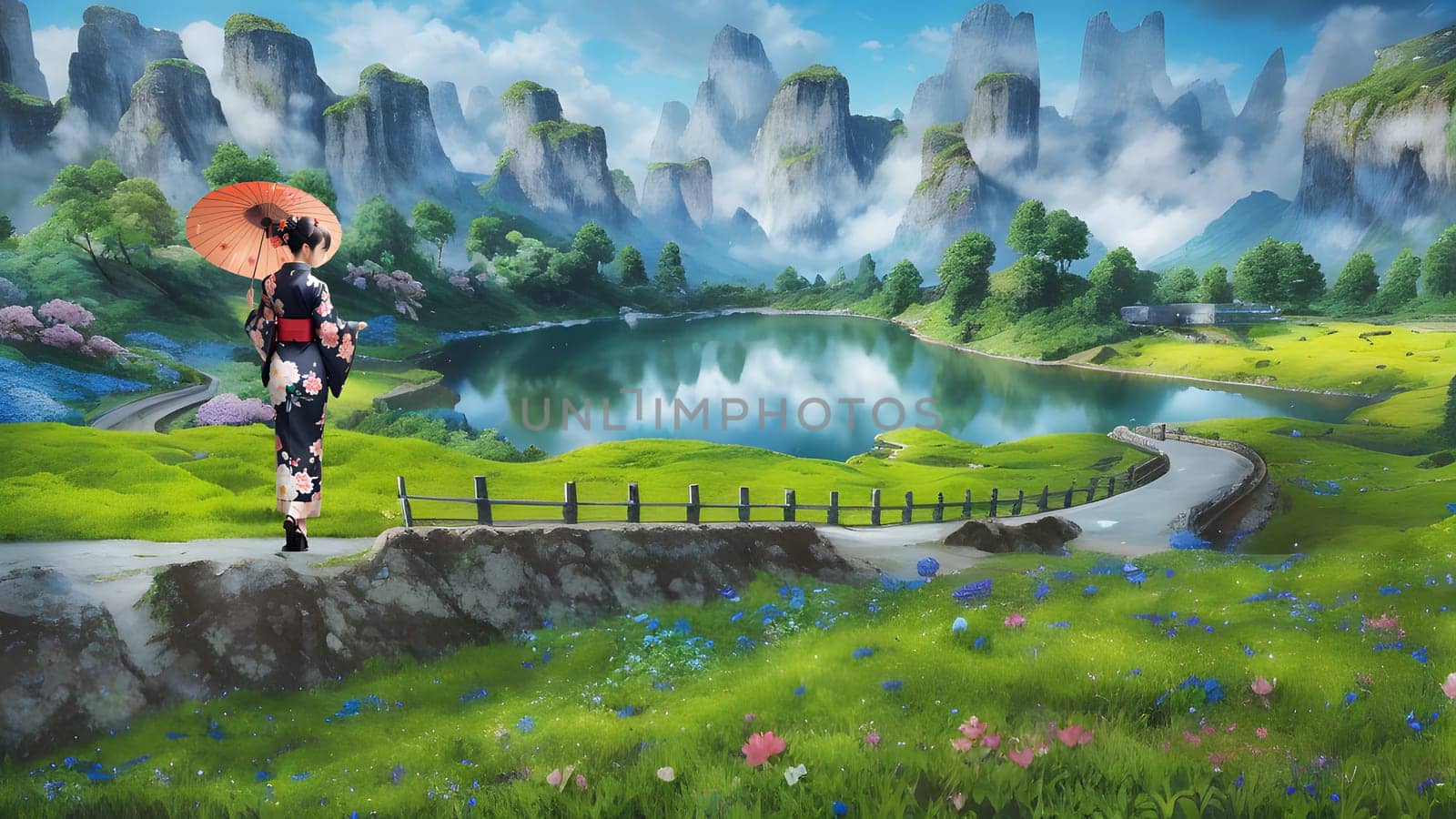 The Beautiful mountain landscape with blossoming rhododendron flower - ai generated