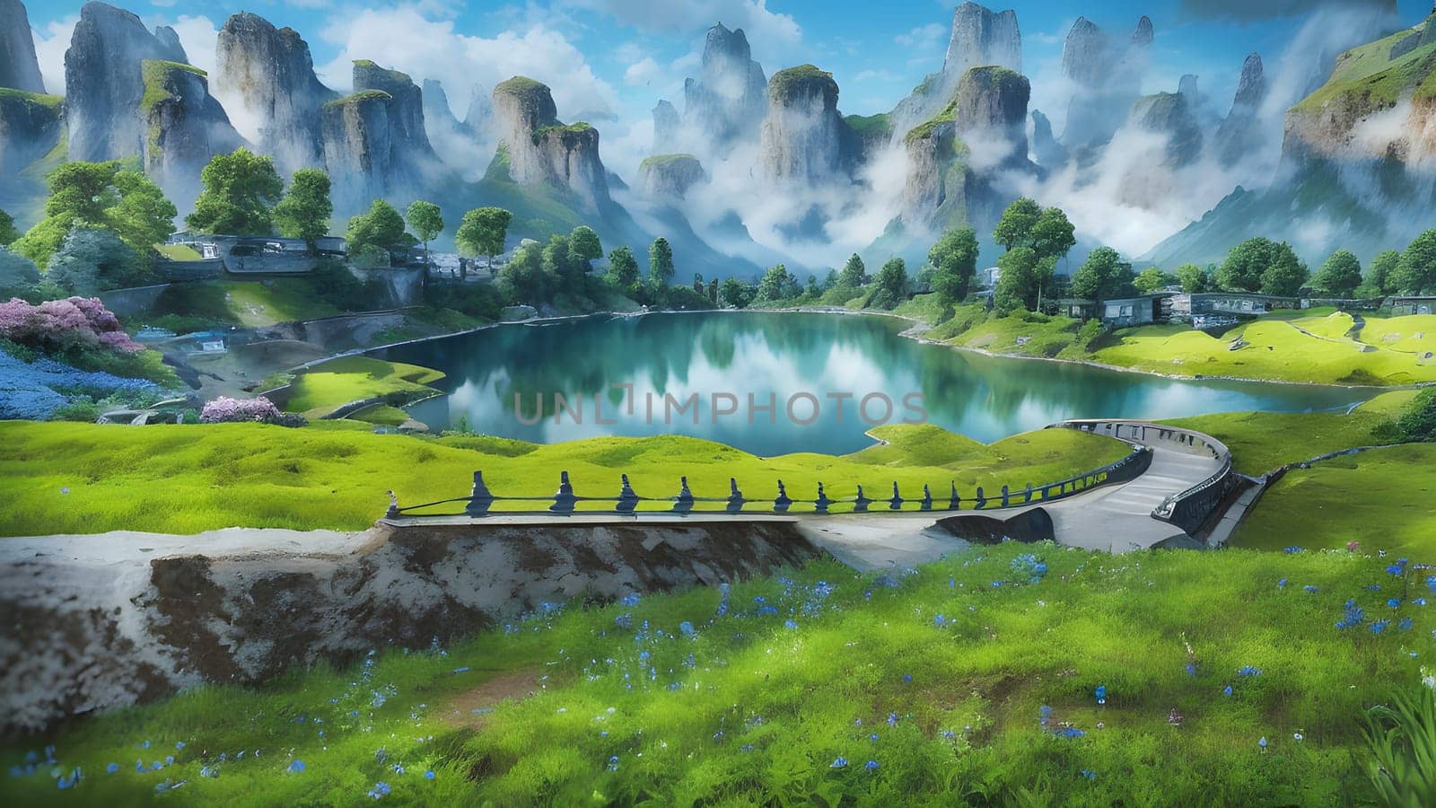 The Beautiful mountain landscape with blossoming rhododendron flower - ai generated